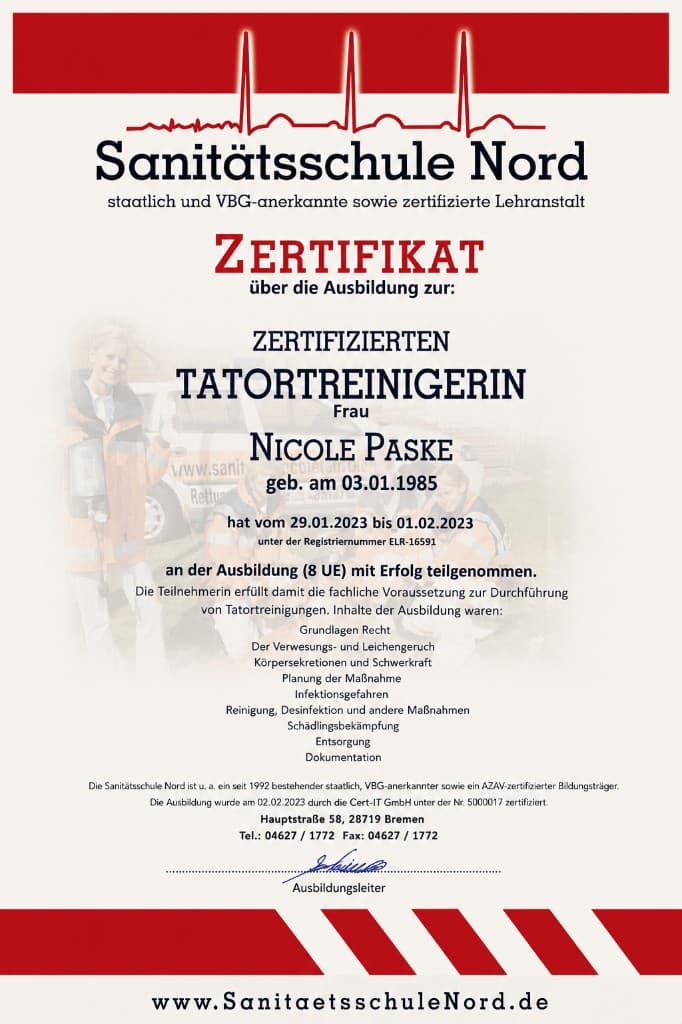 Zertifikat Nicole Paske — zertifizierte Tatortreinigerin, Sanitätsschule Nord