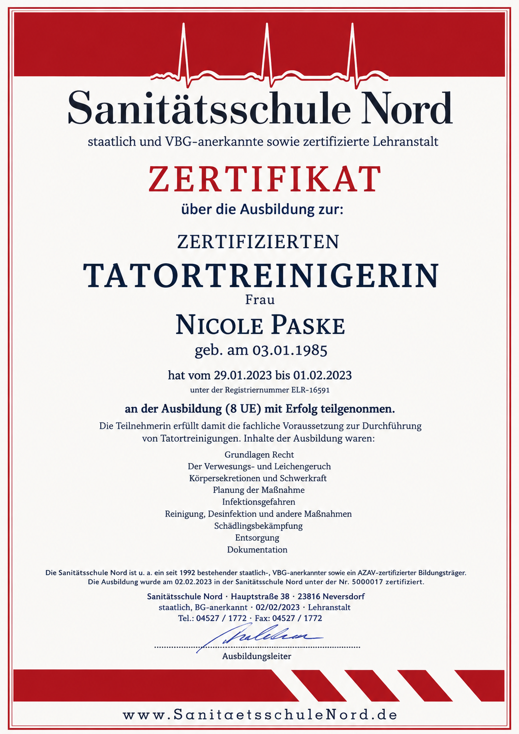Zertifikat — Nicole Paske, zertifizierte Tatortreinigerin
